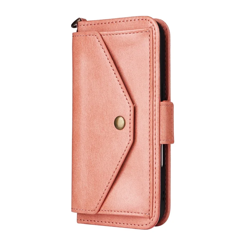 For iPhone 16 Plus Leather Case Magnetic Closure Wallet Stand Phone Cover with Crossbody Strap - Pink