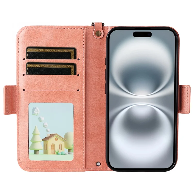 For iPhone 16 Plus Leather Case Magnetic Closure Wallet Stand Phone Cover with Crossbody Strap - Pink