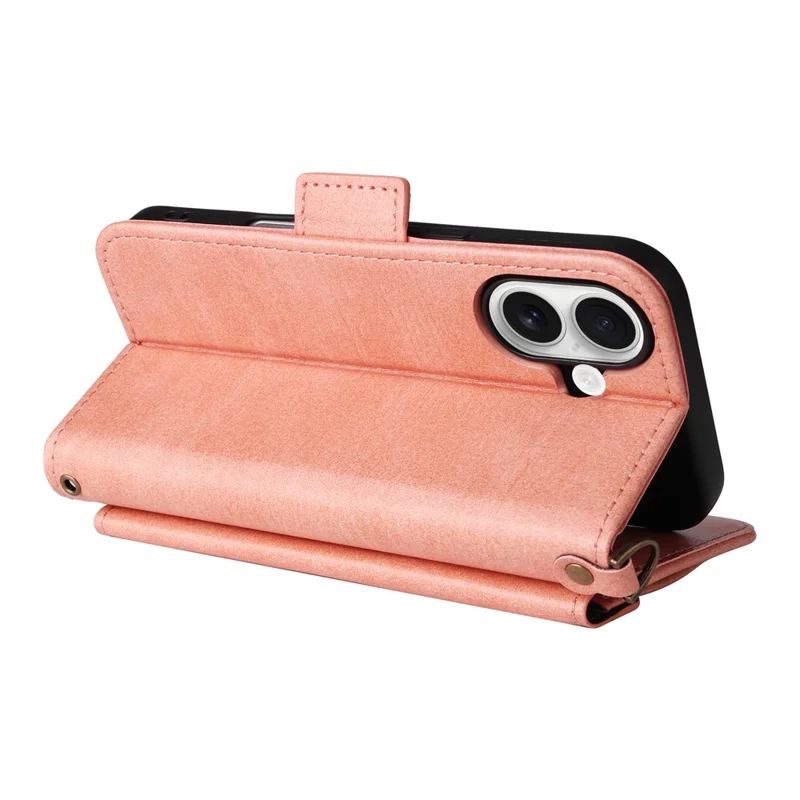 For iPhone 16 Plus Leather Case Magnetic Closure Wallet Stand Phone Cover with Crossbody Strap - Pink