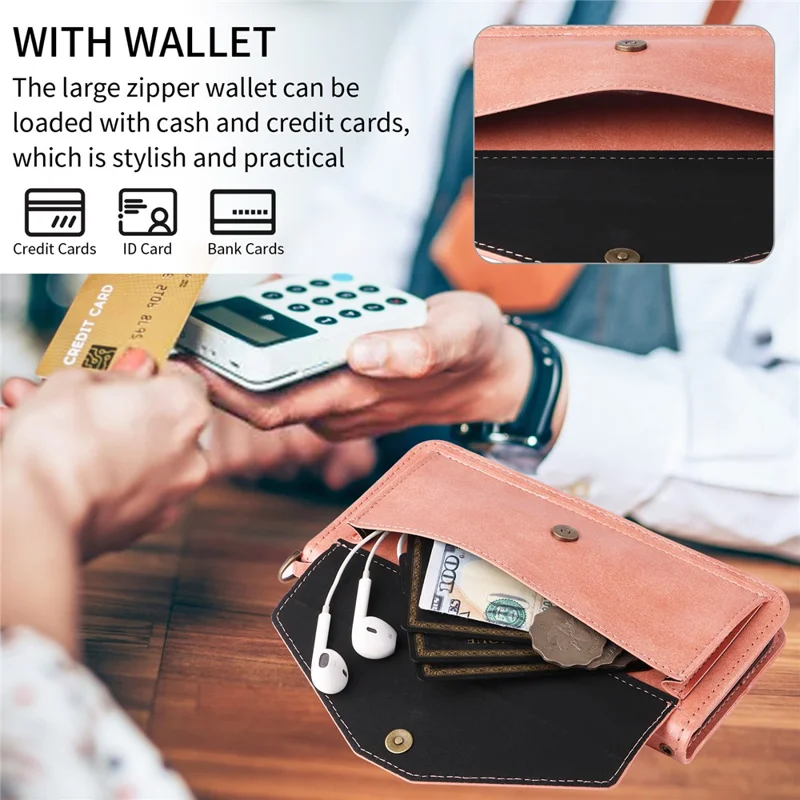 For iPhone 16 Plus Leather Case Magnetic Closure Wallet Stand Phone Cover with Crossbody Strap - Pink