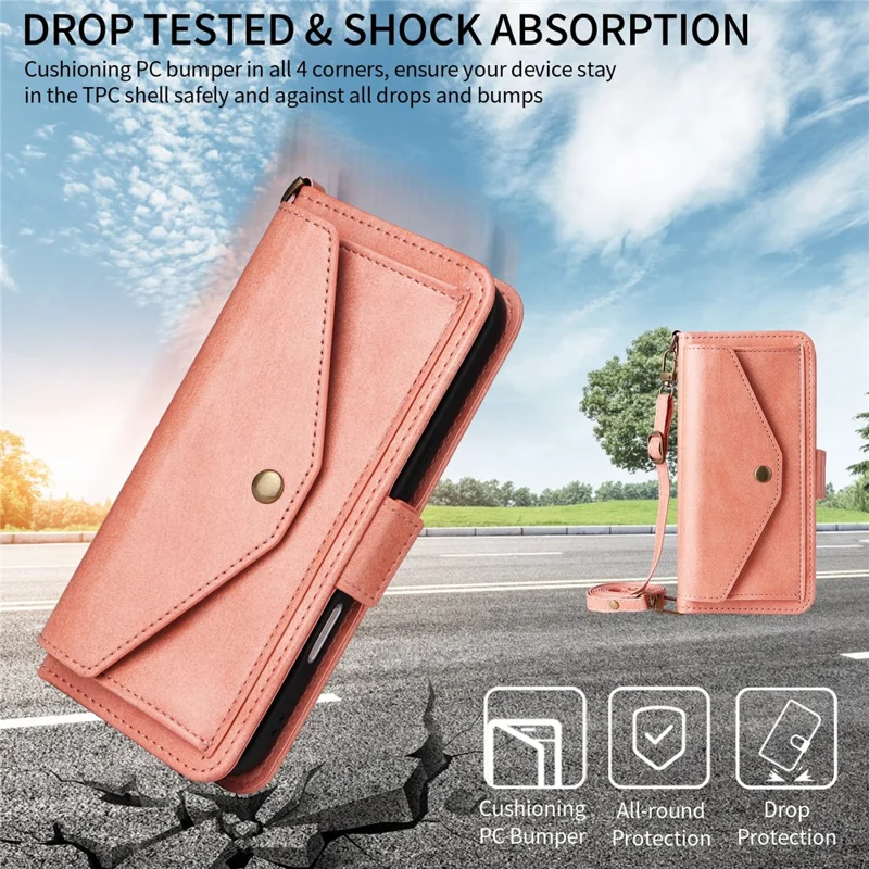 For iPhone 16 Plus Leather Case Magnetic Closure Wallet Stand Phone Cover with Crossbody Strap - Pink