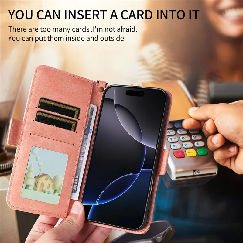 For iPhone 16 Plus Leather Case Magnetic Closure Wallet Stand Phone Cover with Crossbody Strap - Pink