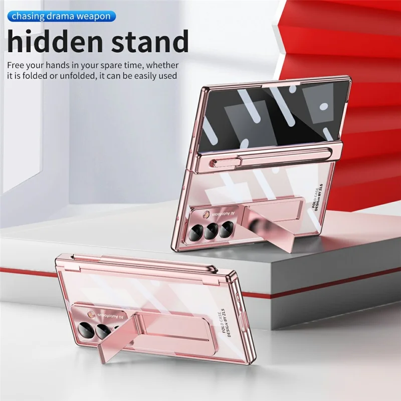 Für Samsung Galaxy Z Fold7 5G Hülle Magnetisches Scharnier Elektrolytisch beschichtete PC-Handyhülle mit Panzerglas / Stylus - Rosa