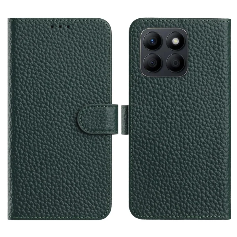 Capa Carteira para Honor X6a 4G / X6b 4G com Suporte, Textura Lítchi, Couro Genuíno de Vaca, Flip - Verde