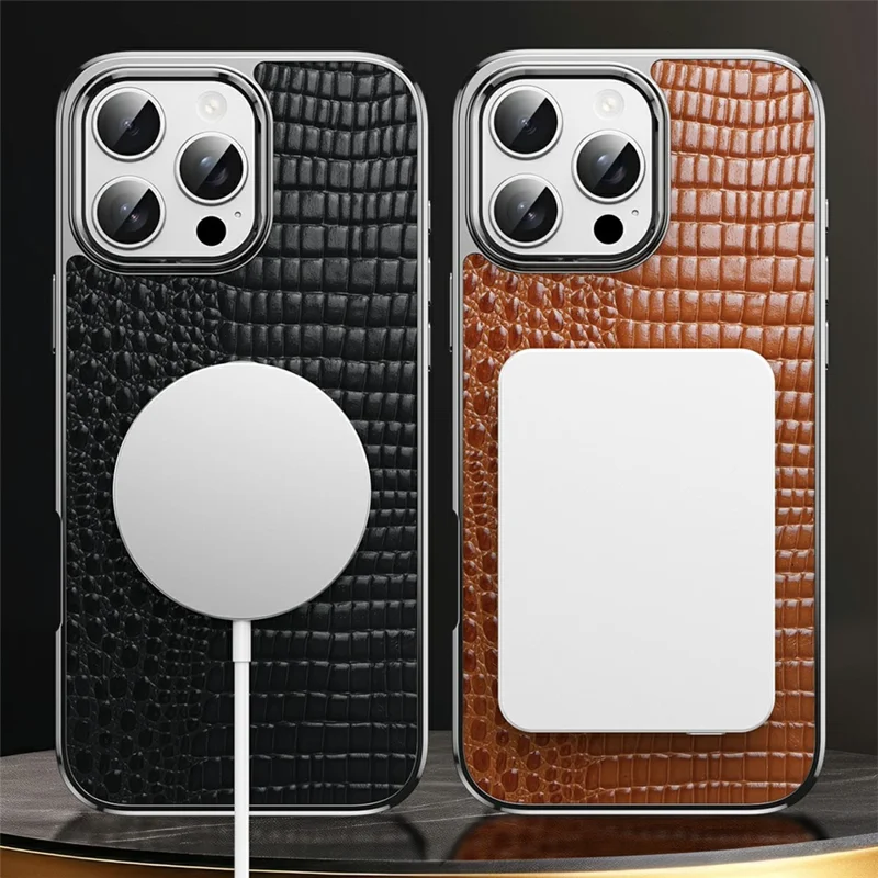 Pour iPhone 16 Pro Max Étui Magnétique en Cuir de Vache Véritable Hybride de Téléphone avec Texture de Crocodile Électroplaqué - Noir