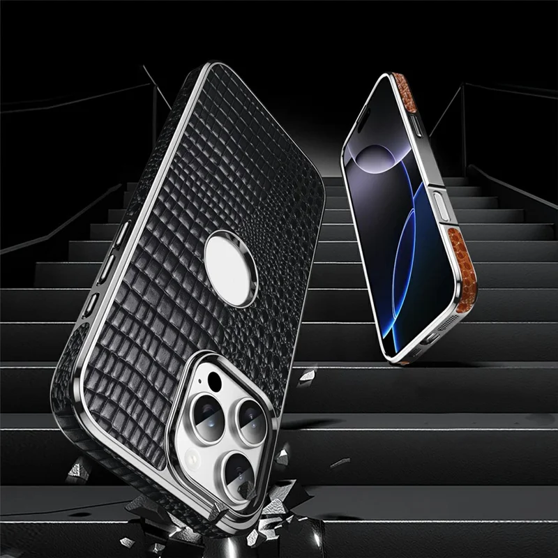 Pour iPhone 16 Pro Max Étui Magnétique en Cuir de Vache Véritable Hybride de Téléphone avec Texture de Crocodile Électroplaqué - Noir