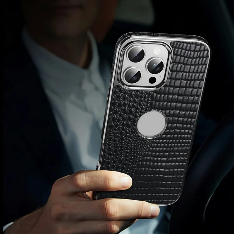 Pour iPhone 16 Pro Étui Magnétique en Cuir de Vache Véritable Hybride Texture Crocodile Électroplaqué - Noir
