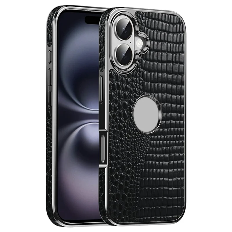 For iPhone 16 Magnetic Case Genuine Cow Leather Hybrid Phone Cover Crocodile Texture Electroplated - Black