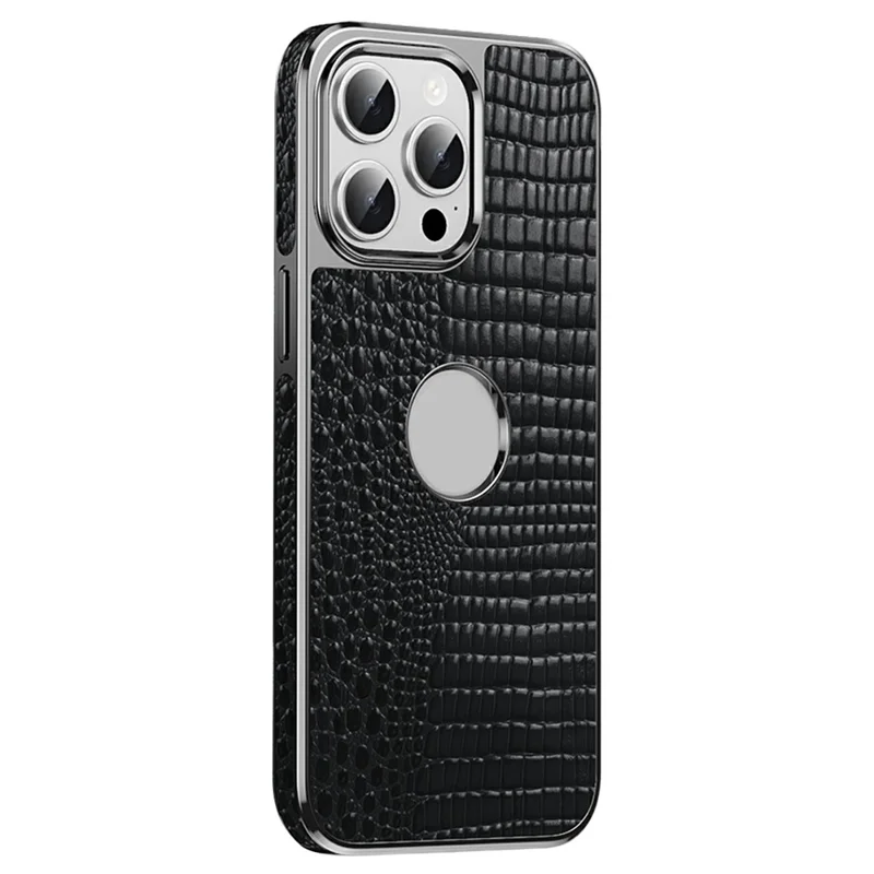 For iPhone 15 Pro Max Magnetic Case Genuine Cow Leather Hybrid Phone Cover Crocodile Texture Electroplated - Black