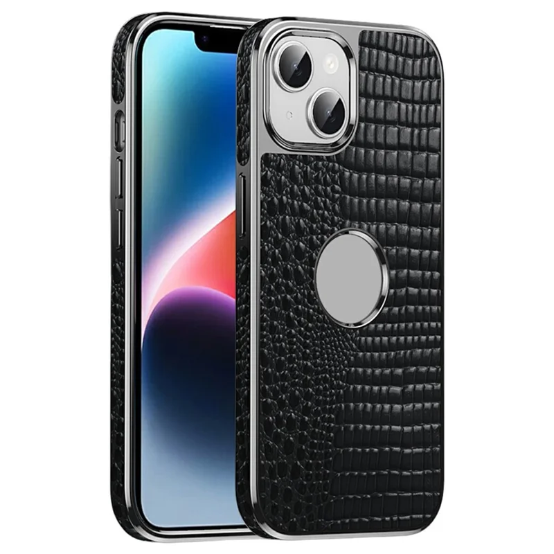For iPhone 14 Magnetic Case Genuine Cow Leather Hybrid Phone Cover Crocodile Texture Electroplated - Black