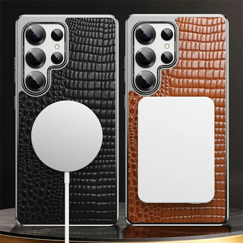 Pour Samsung Galaxy S23 Ultra Étui Magnétique en Cuir de Vache Véritable Hybride pour Téléphone avec Texture de Crocodile et Finition Électroplaquée - Noir