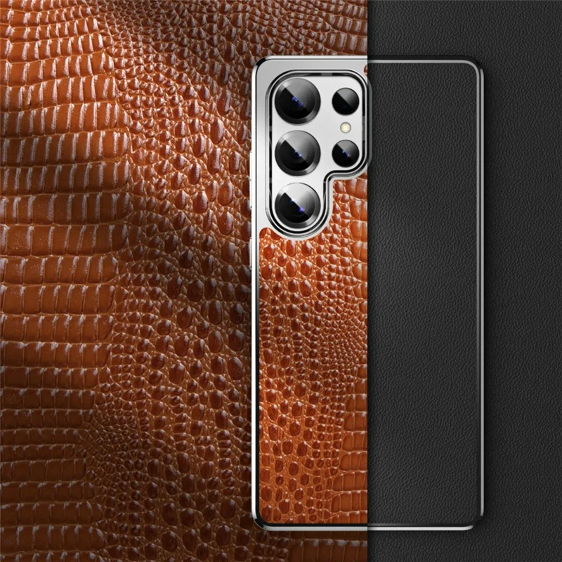 Pour Samsung Galaxy S23 Ultra Étui Magnétique en Cuir de Vache Véritable Hybride pour Téléphone avec Texture de Crocodile et Finition Électroplaquée - Noir