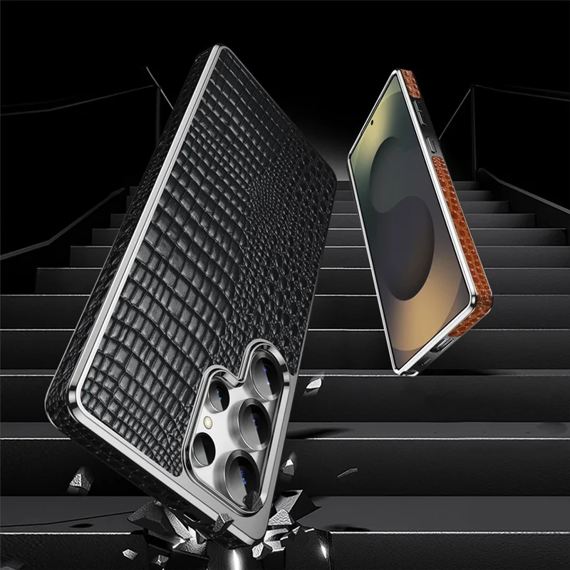 Pour Samsung Galaxy S23 Ultra Étui Magnétique en Cuir de Vache Véritable Hybride pour Téléphone avec Texture de Crocodile et Finition Électroplaquée - Noir