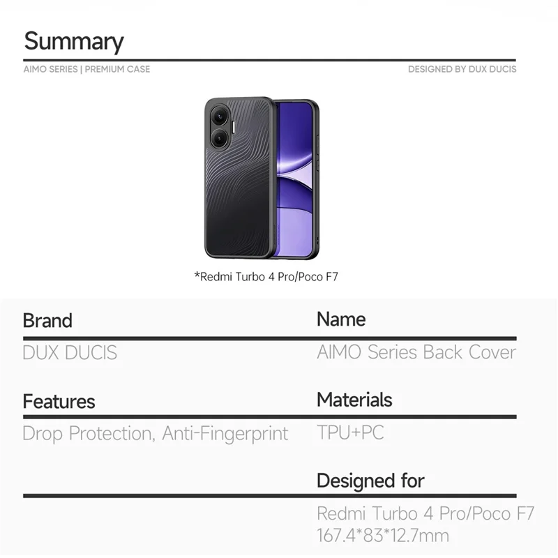 DUX DUCIS Serie Aimo Custodia opaca per Xiaomi Redmi Turbo 4 Pro 5G / Poco F7 5G Custodia per telefono antiurto in TPU + PC, Nero