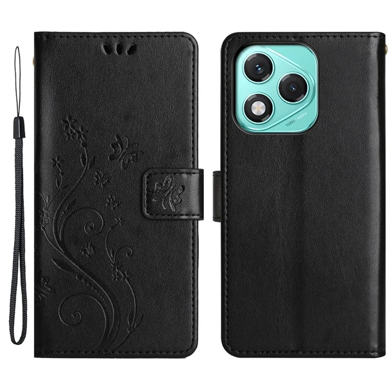 For Honor 400 Lite 5G Leather Wallet Case Butterfly Flower Imprinted Phone Cover with Strap - Black
