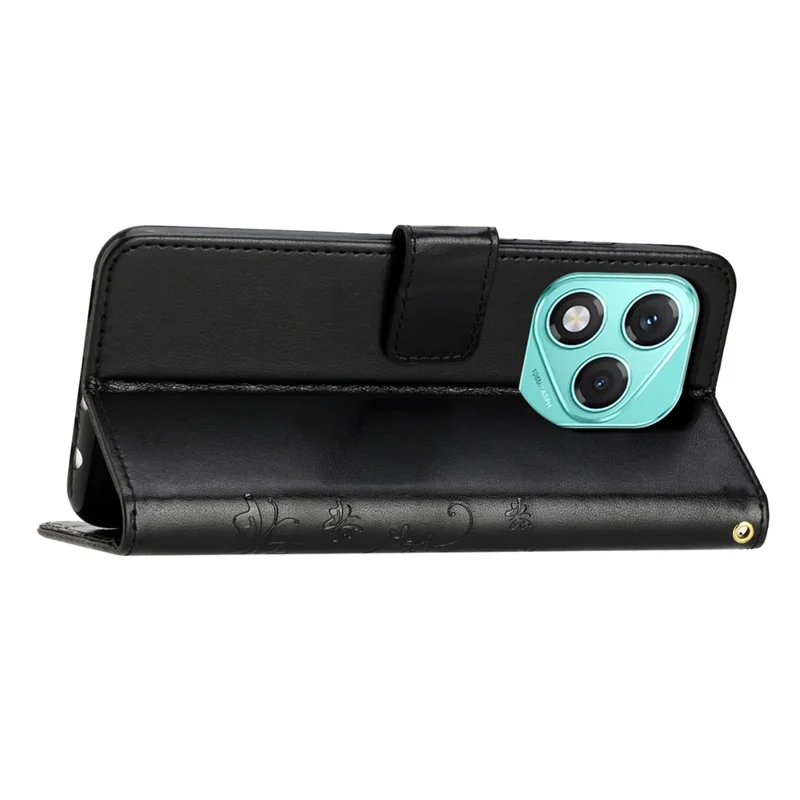 For Honor 400 Lite 5G Leather Wallet Case Butterfly Flower Imprinted Phone Cover with Strap - Black