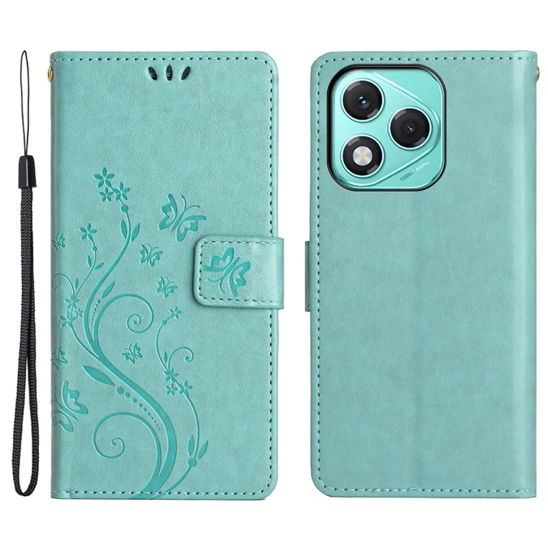 For Honor 400 Lite 5G Leather Wallet Case Butterfly Flower Imprinted Phone Cover with Strap - Baby Blue