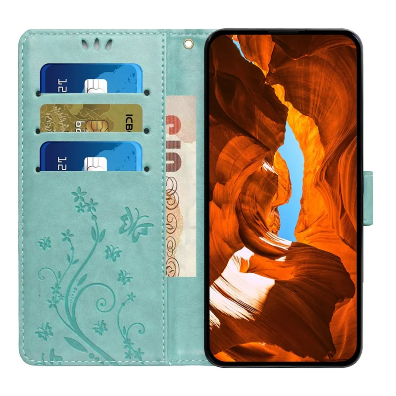 For Honor 400 Lite 5G Leather Wallet Case Butterfly Flower Imprinted Phone Cover with Strap - Baby Blue