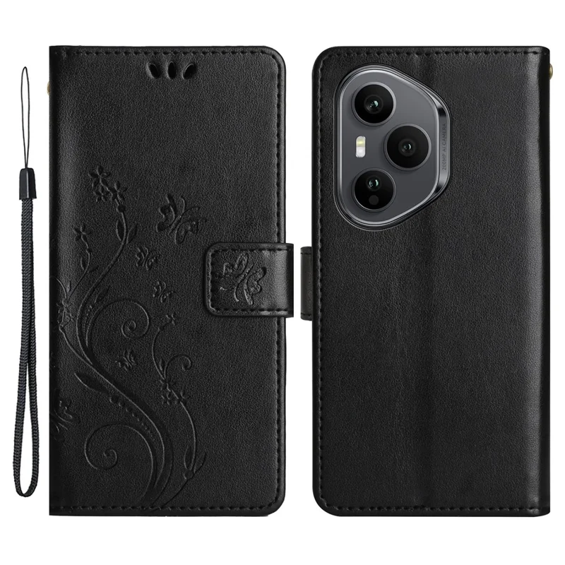 Etui skórzane z portfelem dla Honor 400 Pro 5G (Global) z motywem motyla i kwiatów z paskiem na nadgarstek - Czarny