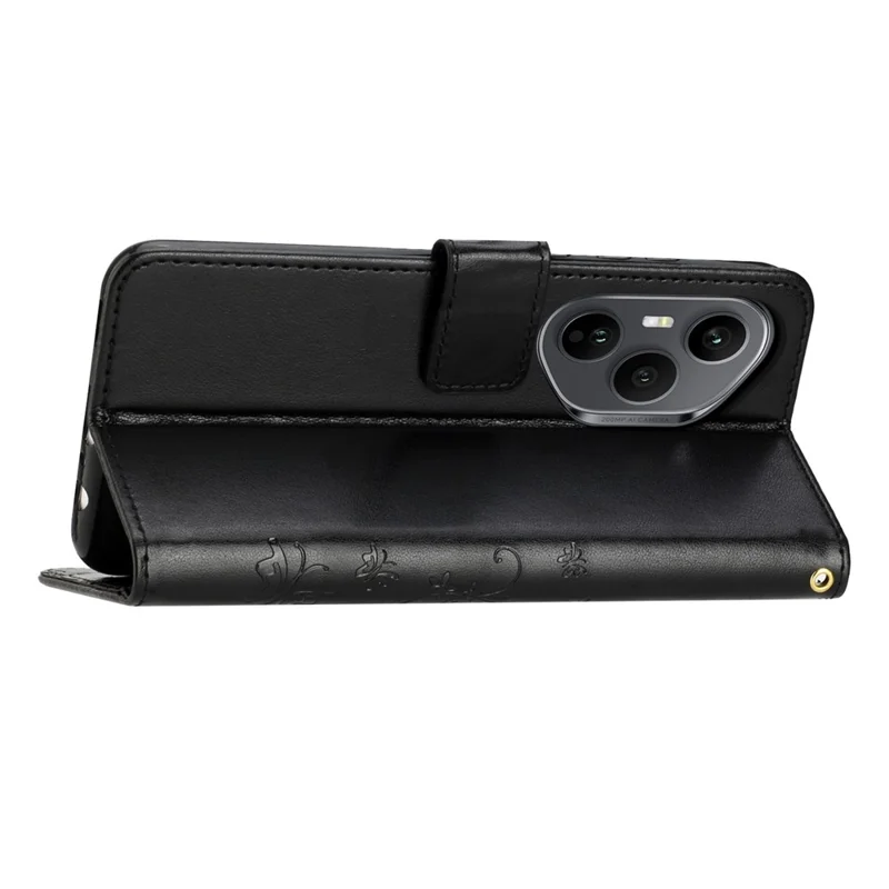 Etui skórzane z portfelem dla Honor 400 Pro 5G (Global) z motywem motyla i kwiatów z paskiem na nadgarstek - Czarny