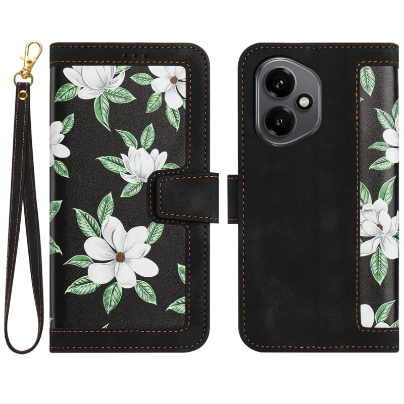 For Honor 400 5G (Global) Case PU Leather Floral Phone Cover with Card Slots / Wrist Strap - Black