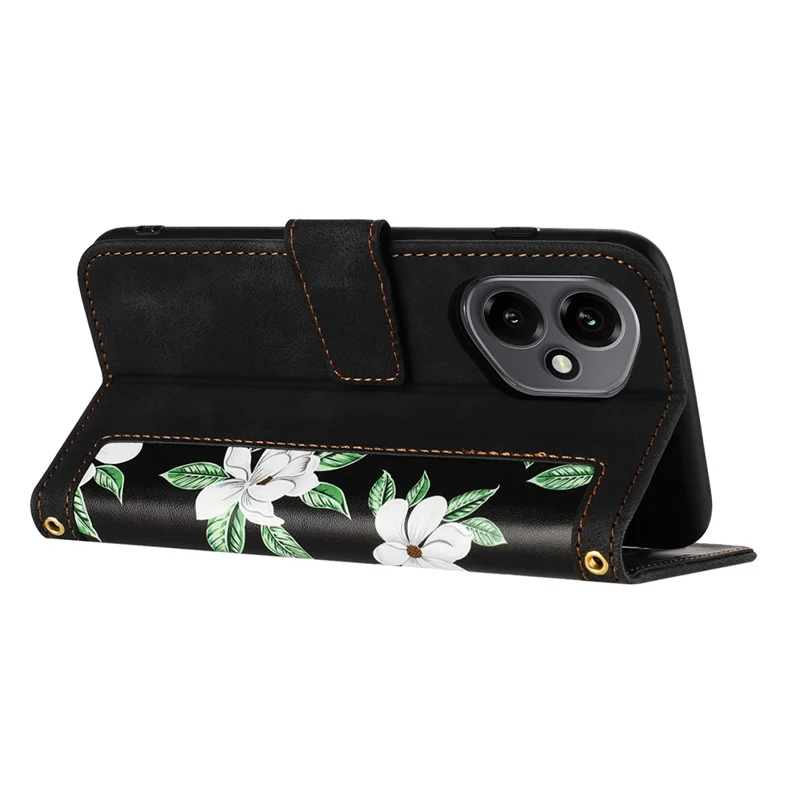 For Honor 400 5G (Global) Case PU Leather Floral Phone Cover with Card Slots / Wrist Strap - Black