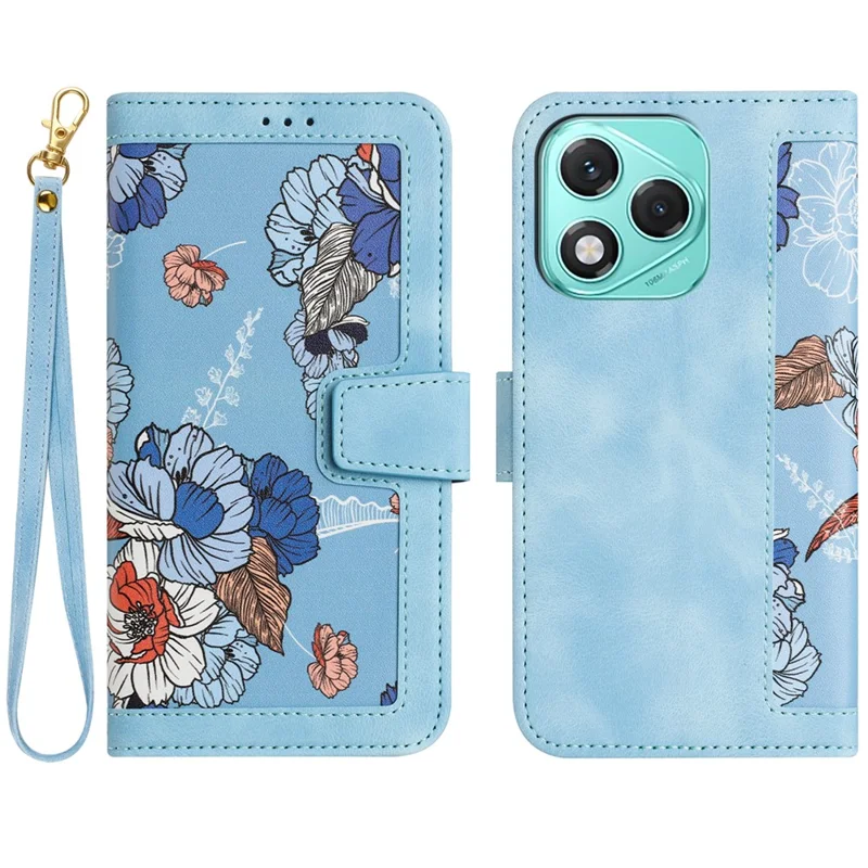 For Honor 400 Lite 5G Case PU Leather Floral Phone Cover with Card Slots / Wrist Strap - Baby Blue