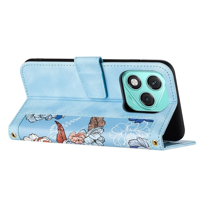 For Honor 400 Lite 5G Case PU Leather Floral Phone Cover with Card Slots / Wrist Strap - Baby Blue