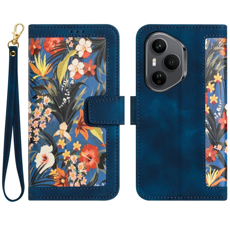 Capa For Honor 400 Pro 5G (Global) em Couro PU Floral com Slots para Cartão / Alça de Pulso - Azul Escuro