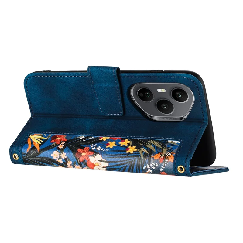 Capa For Honor 400 Pro 5G (Global) em Couro PU Floral com Slots para Cartão / Alça de Pulso - Azul Escuro