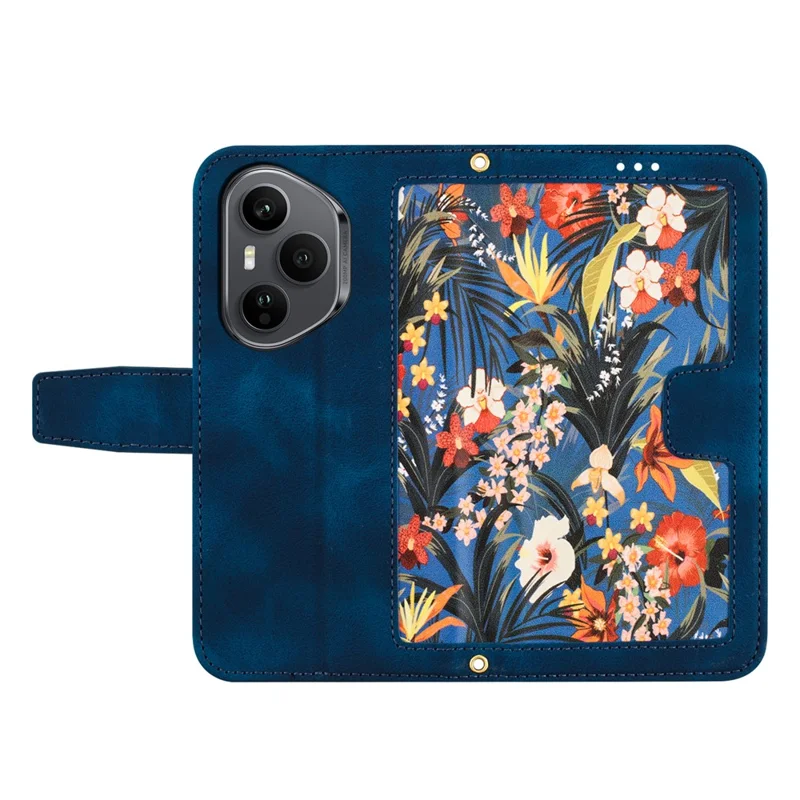 Capa For Honor 400 Pro 5G (Global) em Couro PU Floral com Slots para Cartão / Alça de Pulso - Azul Escuro