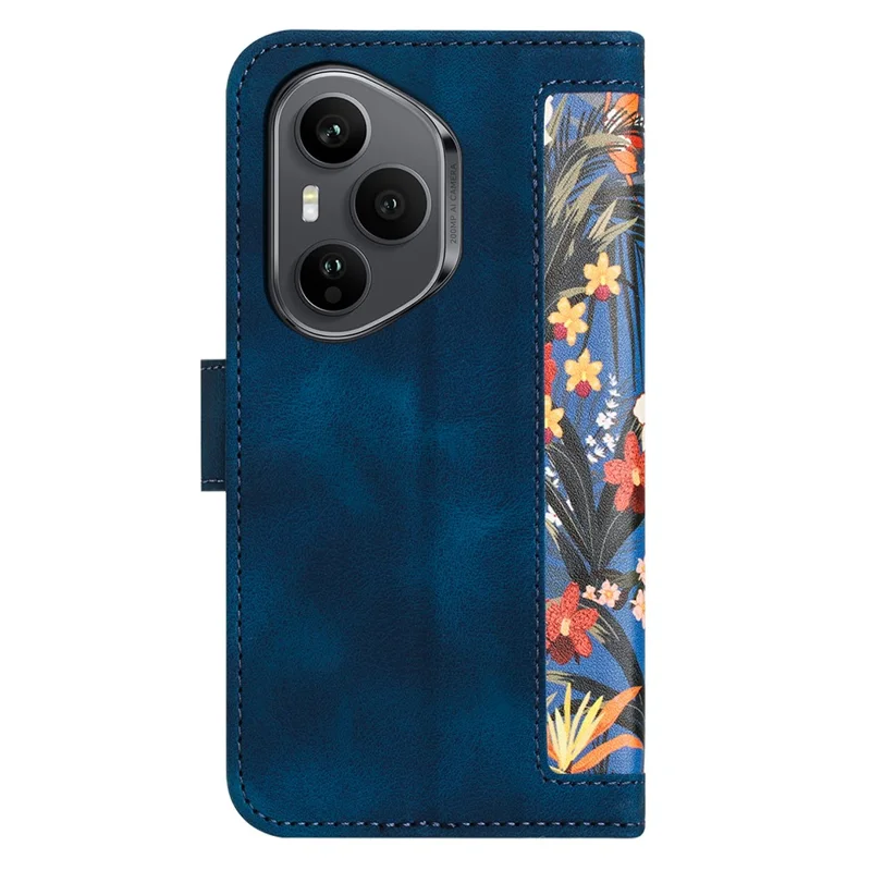Capa For Honor 400 Pro 5G (Global) em Couro PU Floral com Slots para Cartão / Alça de Pulso - Azul Escuro