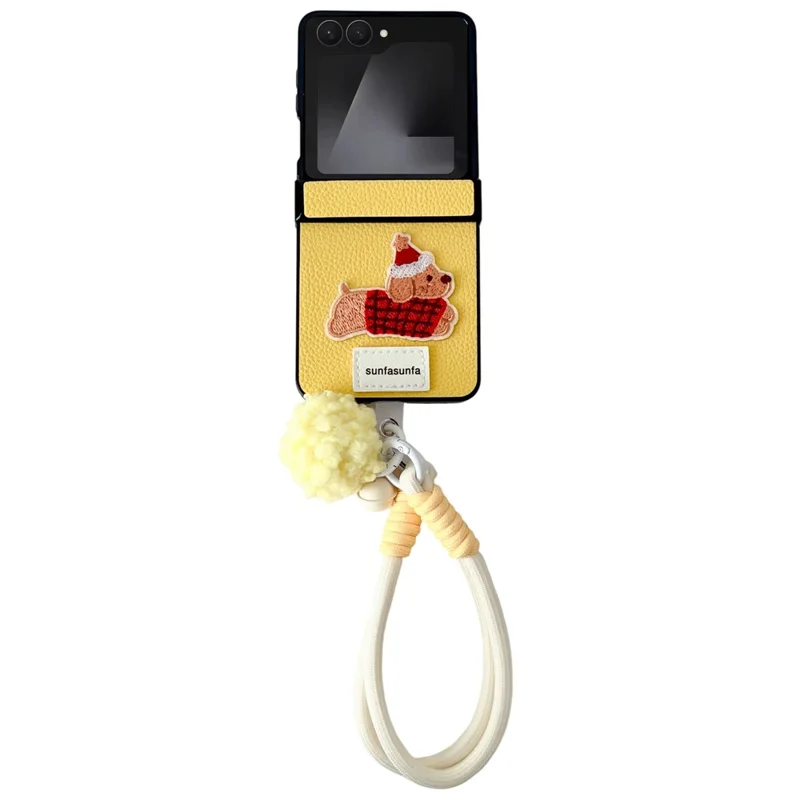 For Samsung Galaxy Z Flip7 5G Case Cute Dog Hinge Protection Litchi Texture Phone Cover with Wrist Strap - Yellow
