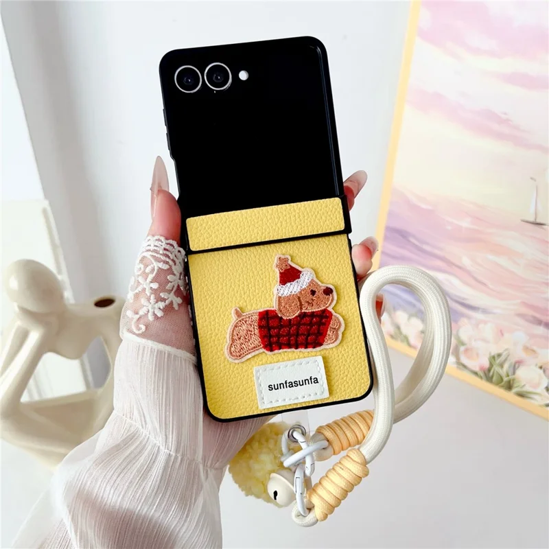 For Samsung Galaxy Z Flip7 5G Case Cute Dog Hinge Protection Litchi Texture Phone Cover with Wrist Strap - Yellow