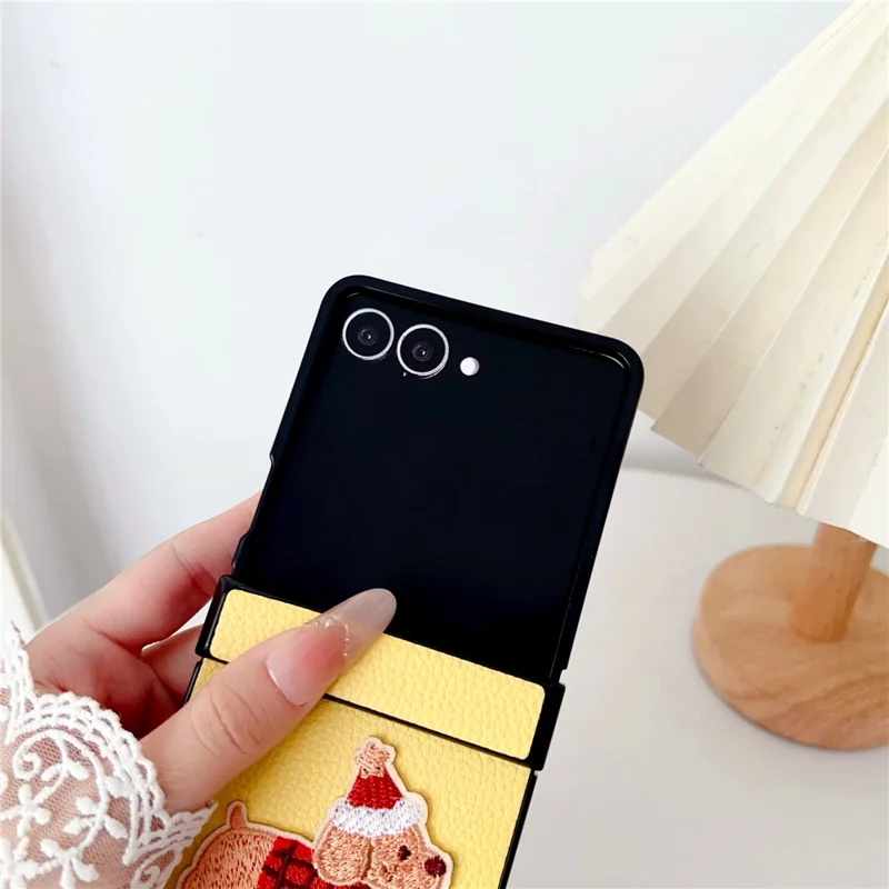 For Samsung Galaxy Z Flip7 5G Case Cute Dog Hinge Protection Litchi Texture Phone Cover with Wrist Strap - Yellow