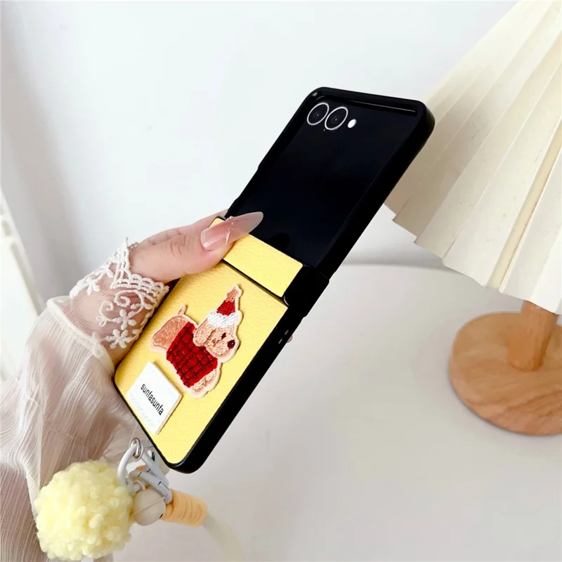 For Samsung Galaxy Z Flip7 5G Case Cute Dog Hinge Protection Litchi Texture Phone Cover with Wrist Strap - Yellow