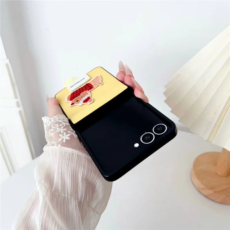 For Samsung Galaxy Z Flip7 5G Case Cute Dog Hinge Protection Litchi Texture Phone Cover with Wrist Strap - Yellow
