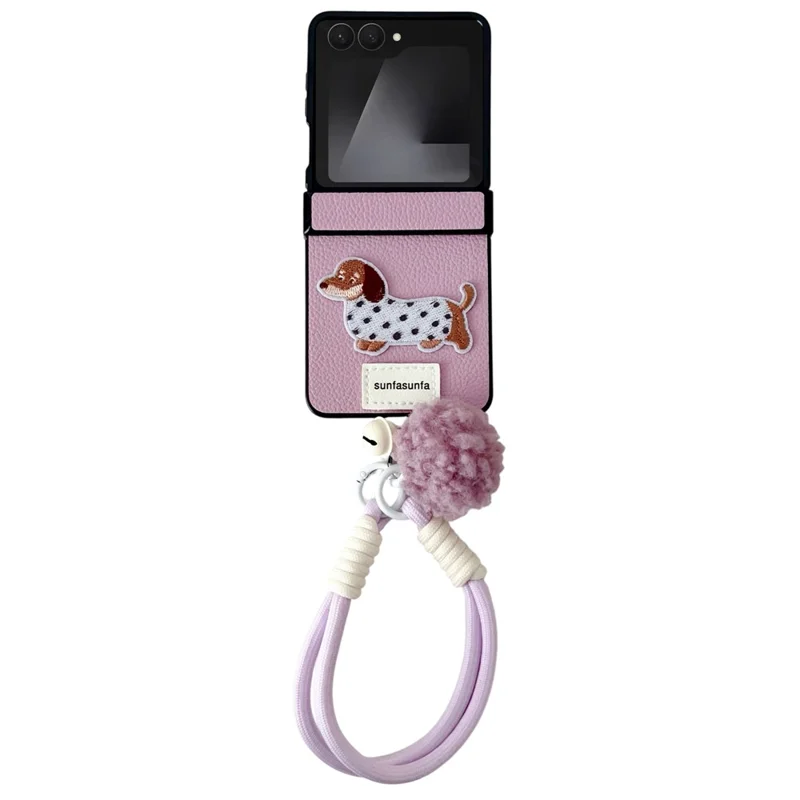 For Samsung Galaxy Z Flip7 5G Case Cute Dog Hinge Protection Litchi Texture Phone Cover with Wrist Strap - Purple