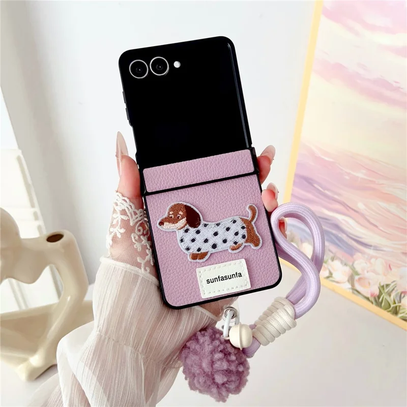 For Samsung Galaxy Z Flip7 5G Case Cute Dog Hinge Protection Litchi Texture Phone Cover with Wrist Strap - Purple
