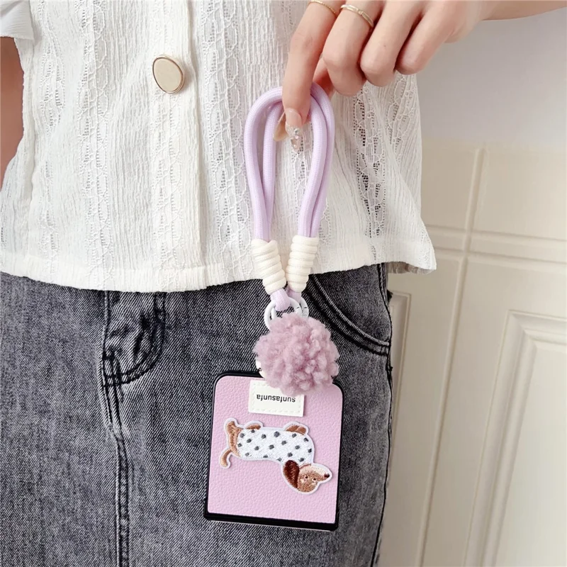 For Samsung Galaxy Z Flip7 5G Case Cute Dog Hinge Protection Litchi Texture Phone Cover with Wrist Strap - Purple