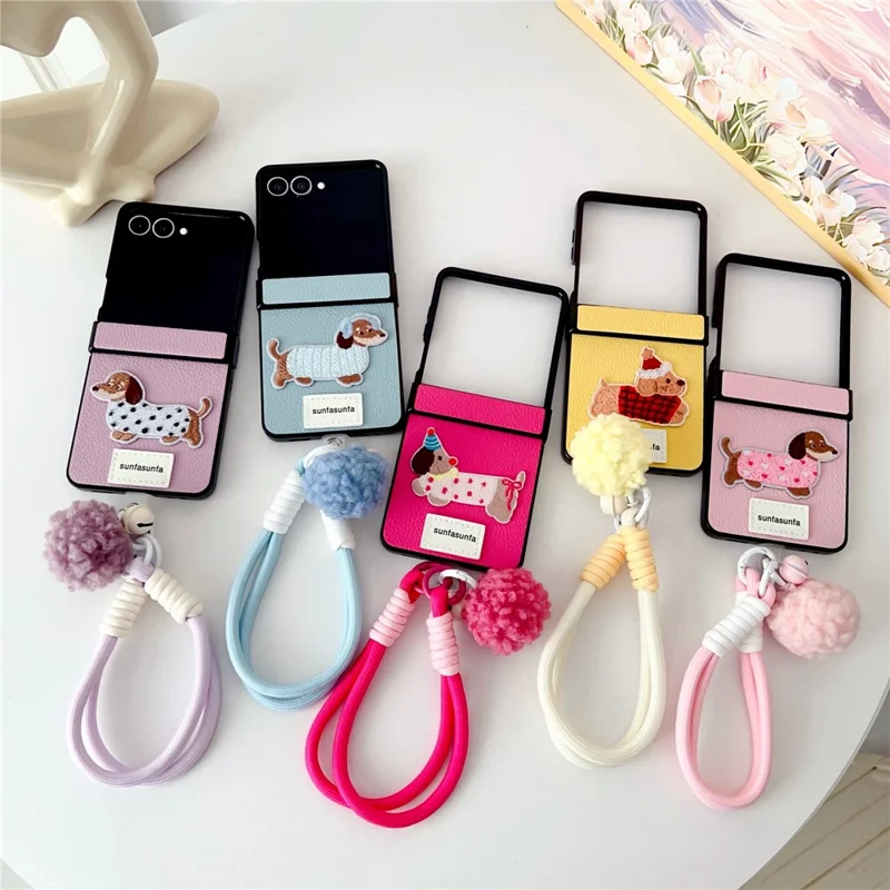For Samsung Galaxy Z Flip7 5G Case Cute Dog Hinge Protection Litchi Texture Phone Cover with Wrist Strap - Purple
