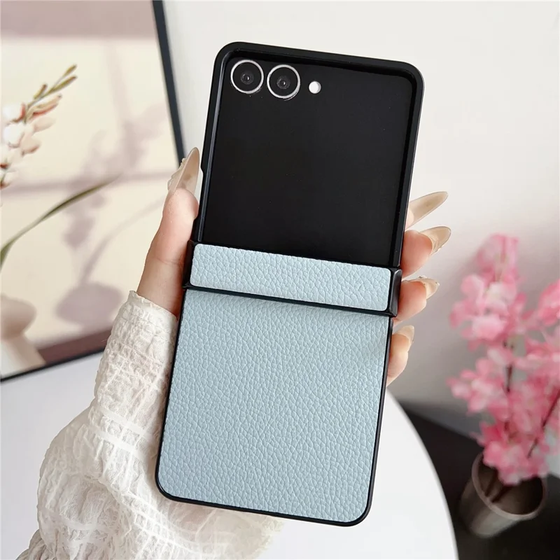 For Samsung Galaxy Z Flip7 5G Case Hinge Protection Litchi Texture Leather + PC Phone Cover - Blue