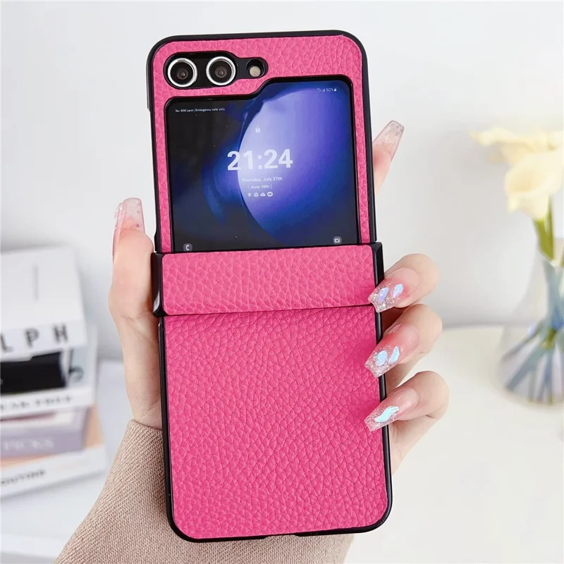 For Samsung Galaxy Z Flip7 FE 5G / Z Flip6 5G Case Hinge Protection Litchi Texture Leather + PC Phone Cover - Rose
