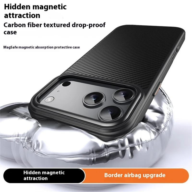 For iPhone 17 Pro Magnetic Case Compatible with MagSafe Carbon Fiber Texture PC + TPU Cover - Black