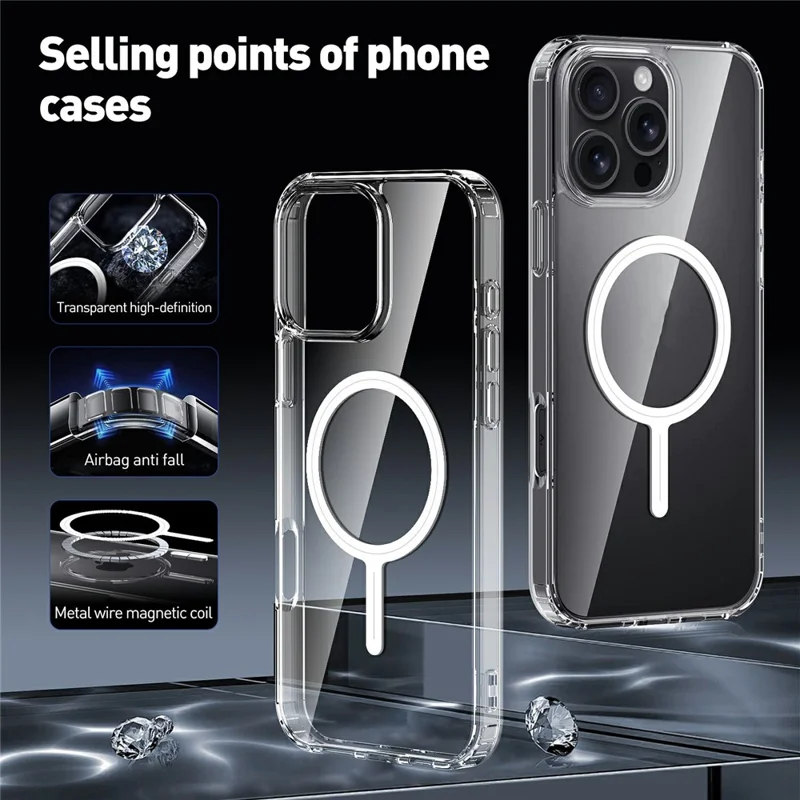 For iPhone 16 Pro Max Magnetic Case TPU + Acrylic Clear Phone Back Cover
