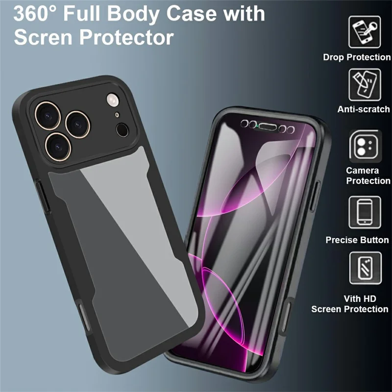 For iPhone 17 Pro Case Acrylic + TPU Clear Phone Cover with PET Screen Film - Black