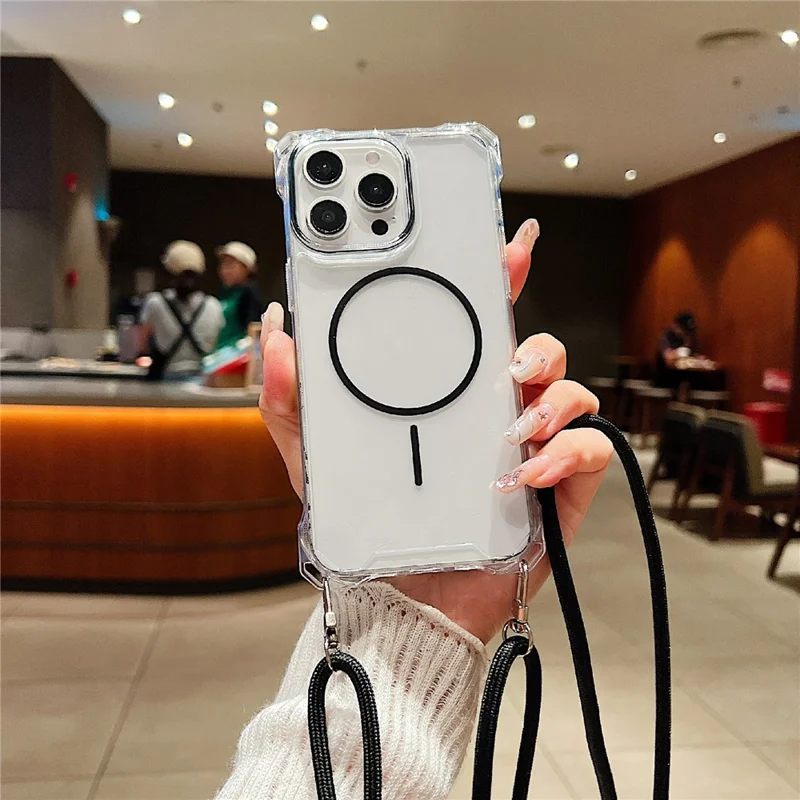 For iPhone 16 Pro Max Magnetic Case with Lanyard Drop-Proof TPU + PC Phone Back Cover - Black