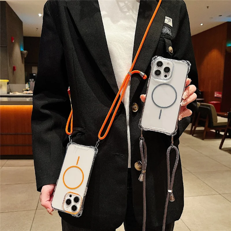 For iPhone 16 Pro Max Magnetic Case with Lanyard Drop-Proof TPU + PC Phone Back Cover - Black