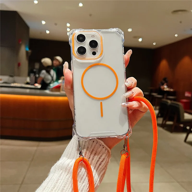 For iPhone 15 Pro Max Magnetic Case with Lanyard Drop-Proof TPU + PC Phone Back Cover - Orange