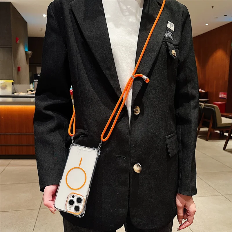 For iPhone 15 Pro Max Magnetic Case with Lanyard Drop-Proof TPU + PC Phone Back Cover - Orange